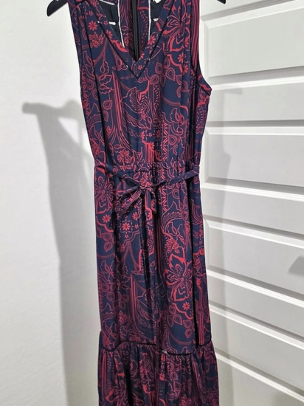 Etcetera Piazza 100% Silk Midi Dress Navy Blue & Red Floral Tiered Women's Sz 10
